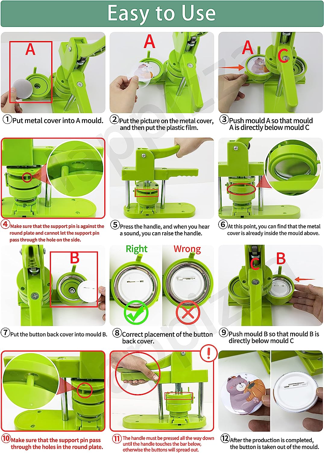 DIY Button Maker Machine, 75mm(3 inch) Pin Button Maker Press Machine Kit, Badge Button Press Machine Pin Maker Machine Badge Machine