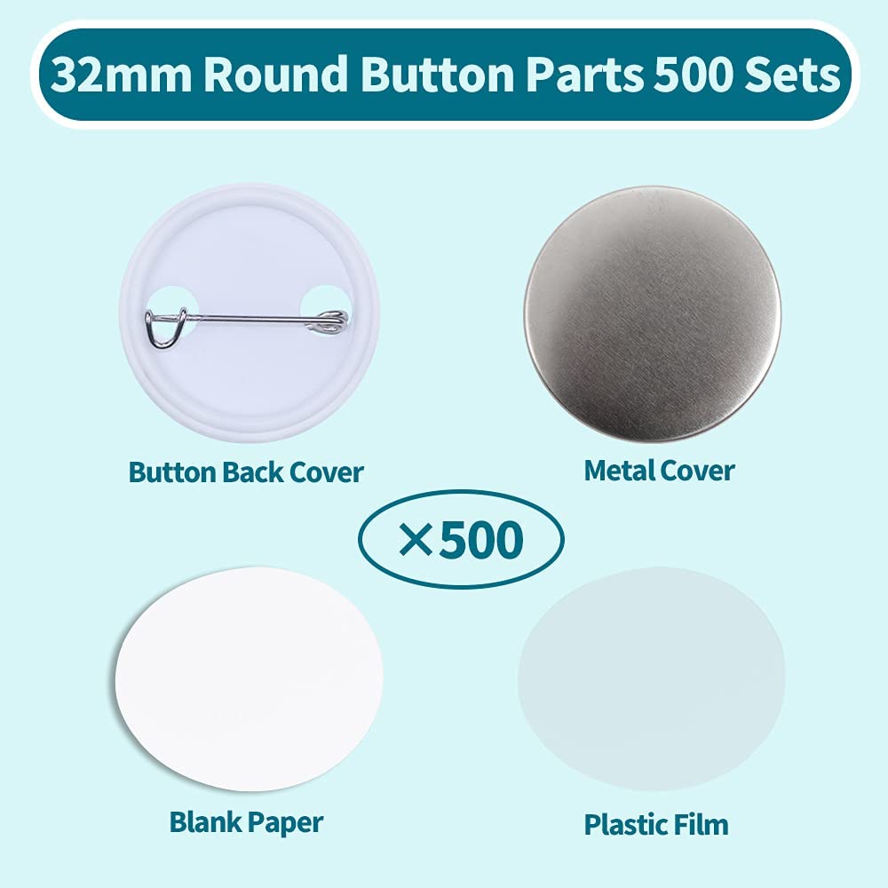 500 Sets 32mm(1.25 inch) supplies for Button Maker Machine 32mm, Includes Metal Cover, Plastic Button Back Cover, Clear Film&Blank Paper