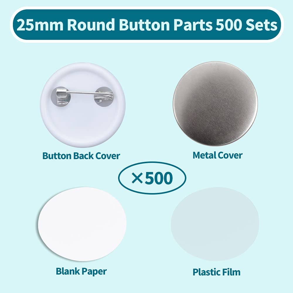 500 Sets 25mm(1 inch)supplies for Button Maker Machine 25mm, Includes Metal Cover, Plastic Button Back Cover, Clear Film&Blank Paper